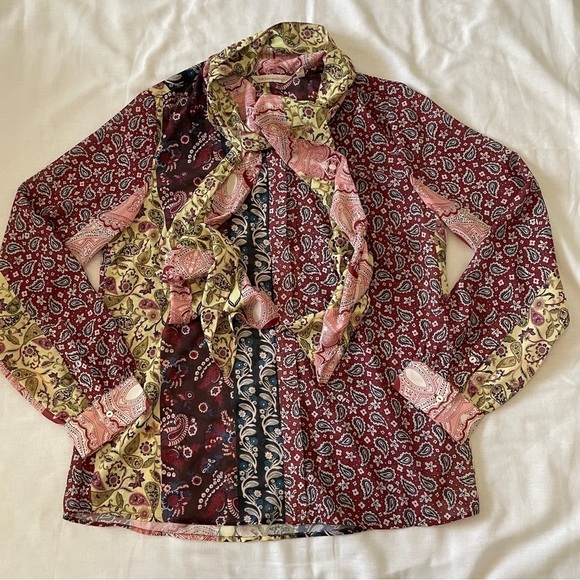 Soft Surroundings Small Langdon Patchwork Paisley Top Blouse Button Tie BOHO - Picture 1 of 8